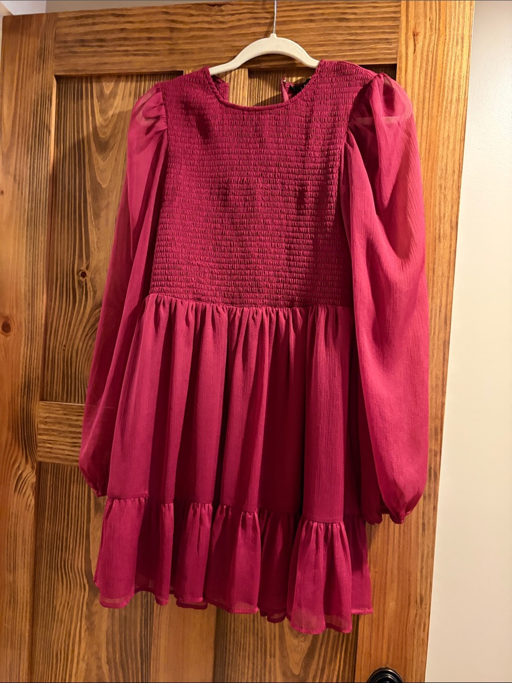 Lulu's Magenta Smocked Bodice Long Sleeve Mini Dress